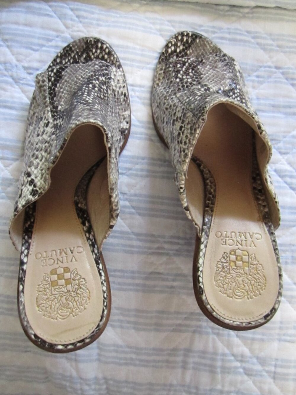Vince Camuto Snake Print Slide Sandals in Taupe and Cream